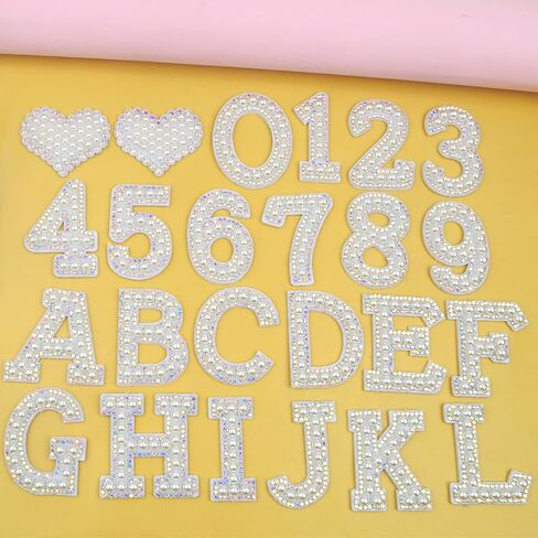 40PCS Pearl Rhinestone Letters Numbers Patches Self Adhesive Alphabet A-Z Glitter Number 0-9 Heart Pearls Repair Patch Stickers for DIY Clothing Bags Backpacks Crafts Decor in Kuwait