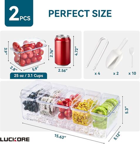 Chilled Condiment Tray Server with 5 Containers and Removable Compartments, Large Ice Chilled Condiment Organizer, Clear Garnish Serving Platter for Fruit, Salad, Food, Bar Accessories in Saudi Arabia