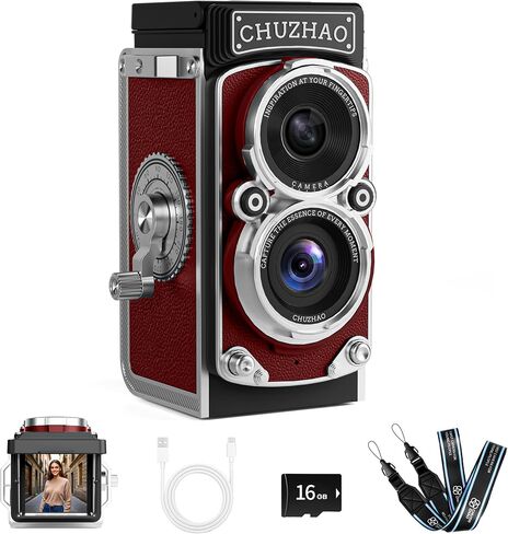 Chuzhao Mini Retro Digital Camera - Pintage TLR Style Point و Shoot Auto Focus Vlogging Camera و Compact & Portable و 16 جيجابايت متضمنة ، مثالية للمبتدئين والمراهقين والأطفال والبالغين in Kuwait