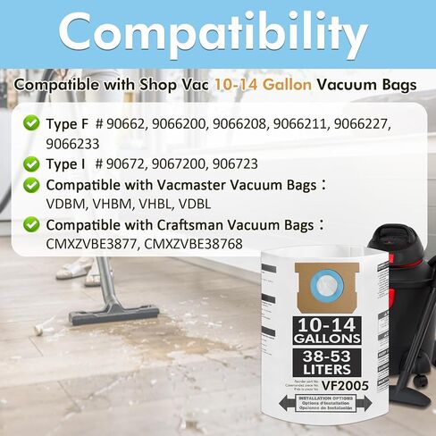 8 Pack Vacuum الأكياس المتوافقة مع أكياس VAC المتجر 10-14 جالون ، النوع F 90662 9066200 ؛ النوع الأول 90672 9067200 ، VF2005 ، أكياس مرشح مجموعة الفراغات الغبار المتاح للتصرف in Kuwait