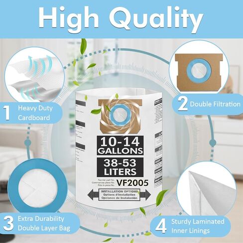 8 Pack Vacuum الأكياس المتوافقة مع أكياس VAC المتجر 10-14 جالون ، النوع F 90662 9066200 ؛ النوع الأول 90672 9067200 ، VF2005 ، أكياس مرشح مجموعة الفراغات الغبار المتاح للتصرف in Kuwait
