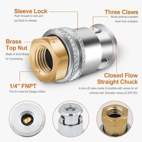 حزمة Air Chuck 2 ، قفل تدفق مغلق ثقيل على تشاك الإطارات مع 1/4 '' npt لاتصال Quick Connec in Kuwait