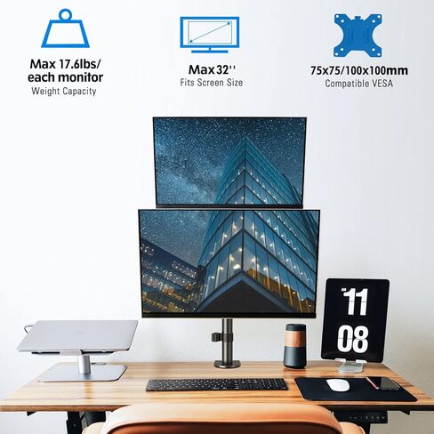 MOUNTUP Triple Monitor Stand, Height Adjustable Monitor Desk Mount Fit for Three 17 to 32 Inch Computer Screens, Stacked Monitor Arm for 3 monitors, with C-Clamp and Grommet Base,up to 17.6lbs per Arm in Kuwait