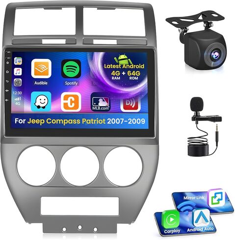 راديو ستيريو للسيارة 2+64G Android 13 CarPlay لسيارة Jeep Compass Patriot 2007-2009، شاشة لمس عالية الدقة 10.1 بوصة متوافقة مع Android Auto، كاميرا احتياطية AHD، وصلة مرآة، GPS، WiFi، FM RDS in Kuwait