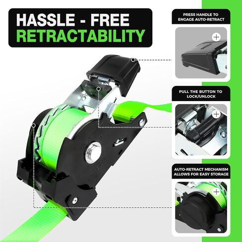 Retractable Ratchet Straps with Soft Loops (4 Pack)-(1,500lb Break Strength)-1 Inch x 12 Feet Heavy Duty Auto Self Retracting Tie Down Strap for Truck, Cargo Trailer, Motorcycle, Rad & More in Kuwait