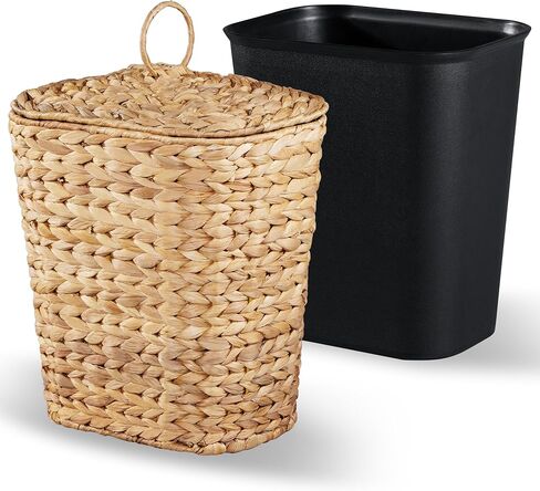 BLUEWEST 3 Gallon Wicker Trash Can with Lid, Handwoven Rattan Trash Can, Woven Decorative Wastebasket, Wicker Waste Basket with Removable Plastic Inner Bin for Bathroom, Bedroom, Office, or Kitchen in Kuwait