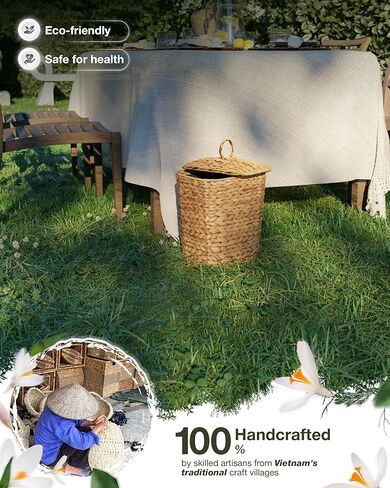 BLUEWEST 3 Gallon Wicker Trash Can with Lid, Handwoven Rattan Trash Can, Woven Decorative Wastebasket, Wicker Waste Basket with Removable Plastic Inner Bin for Bathroom, Bedroom, Office, or Kitchen in Kuwait