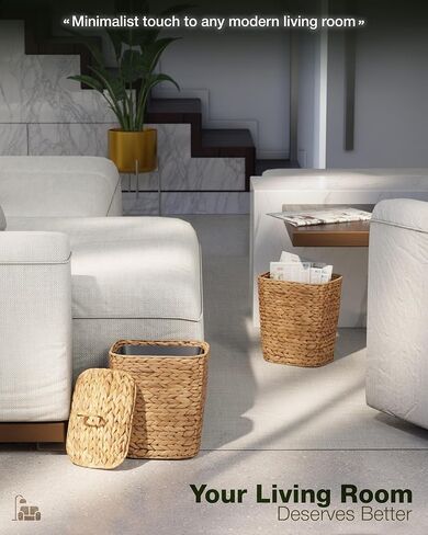 BLUEWEST 3 Gallon Wicker Trash Can with Lid, Handwoven Rattan Trash Can, Woven Decorative Wastebasket, Wicker Waste Basket with Removable Plastic Inner Bin for Bathroom, Bedroom, Office, or Kitchen in Kuwait