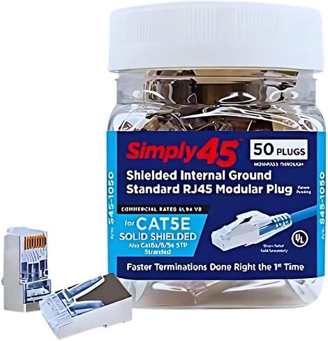 Standard Shielded (External Ground) Cat6/6a RJ45 Modular Plugs with Bar45 Load Bar - Green Tint, 50-Pieces/Jar, 3 Prong Pin Design - S45-1150 in Saudi Arabia