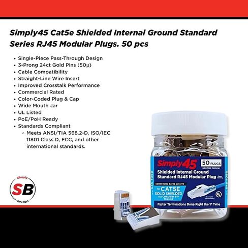 Standard Shielded (External Ground) Cat6/6a RJ45 Modular Plugs with Bar45 Load Bar - Green Tint, 50-Pieces/Jar, 3 Prong Pin Design - S45-1150 in Saudi Arabia