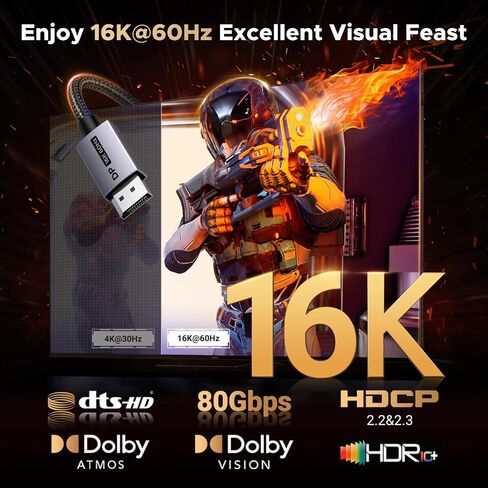 UGREEN 80Gbps DisplayPort Cable 2.1 16K@60Hz 8K@240Hz 4K@480Hz Display Port Cable 1.6FT DP Cord HDR, HDCP2.3, DSC1.2a, FreeSync, G-Sync, Alu Braid Compatible Monitor, Graphics RTX 5090 4090, PC, HDTV in Kuwait