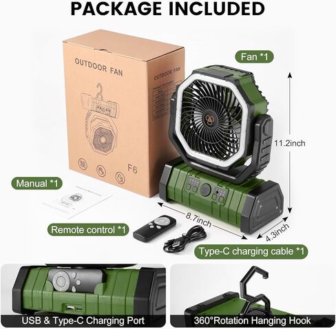 Odoland 30000mAh Camping Fan with LED Lantern, Rechargeable Battery Operated Oscillating with Remote Hook Stroage Bag, Portable Tent Fan with Timer, 4 Speeds for Outdoor RV Jobsite Power Outage, Green in Kuwait