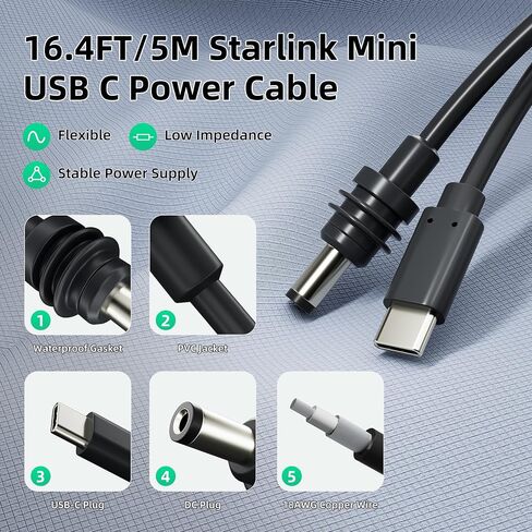 كابل Starlink Mini Cable، كابل طاقة Starlink Mini USB C بطول 10 أقدام مع ضوء مؤشر LED، مصدر 100W+ PD USB من النوع C إلى DC سلك كابل طاقة ذكر لميني Starlink، ملحقات Starlink Mini المقاومة للماء 3M in Kuwait