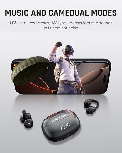 سماعات أذن بلوتوث لاسلكية من بلاك شارك مع زمن استجابة منخفض للغاية 45 مللي ثانية، ألعاب 5.2، أوضاع مزدوجة، محرك 10 ملم، وقت تشغيل 35 ساعة، مقاومة للماء IPX4، ميكروفون مدمج - لوسيفر T1 in Kuwait