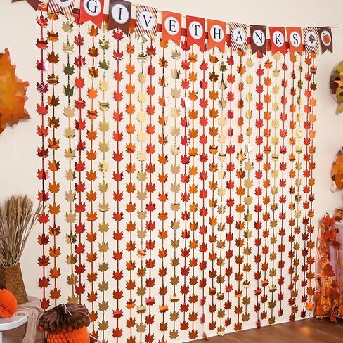 Thanksgiving Decorations 2Pack Red Gold Orange Maple Leaves Fall Decor 3.3 X 6.6 ft Metallic Foil Fringe Curtains, Autumn Harvest Photo Booth Props Backdrop Streamers Fall Party Supplies in Saudi Arabia