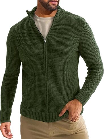 Runcati Mens Full Zip Cardigan Sweater Casual Waffle Stand Collar Knitted Fall Winter Chunky Sweaters in Saudi Arabia