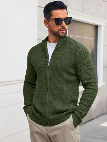 Runcati Mens Full Zip Cardigan Sweater Casual Waffle Stand Collar Knitted Fall Winter Chunky Sweaters in Saudi Arabia