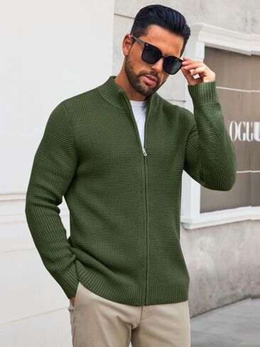 Runcati Mens Full Zip Cardigan Sweater Casual Waffle Stand Collar Knitted Fall Winter Chunky Sweaters in Saudi Arabia