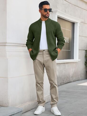 Runcati Mens Full Zip Cardigan Sweater Casual Waffle Stand Collar Knitted Fall Winter Chunky Sweaters in Saudi Arabia