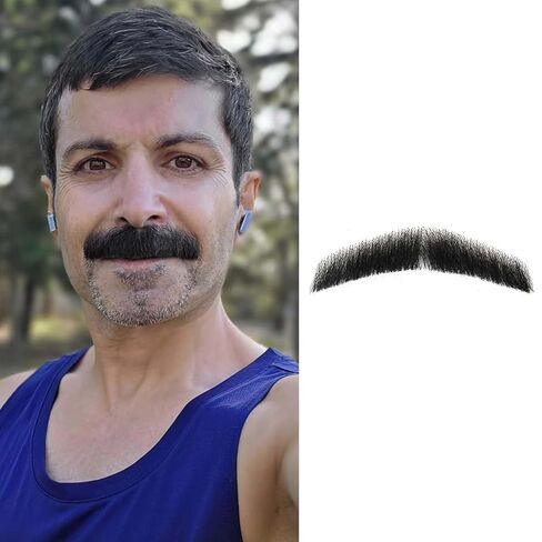 Gx Beauty Fake Realistic Mustache, 100% Human Hair Full Hand Tied Fake Beard, Resilient and Long-Lasting, Lace Invisible Fake Facial Hair for Cosplay, Halloween Costumes, and Drama Movie Makeup(Black) in Kuwait
