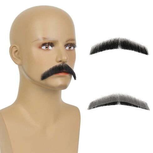 Gx Beauty Fake Realistic Mustache, 100% Human Hair Full Hand Tied Fake Beard, Resilient and Long-Lasting, Lace Invisible Fake Facial Hair for Cosplay, Halloween Costumes, and Drama Movie Makeup(Black) in Kuwait