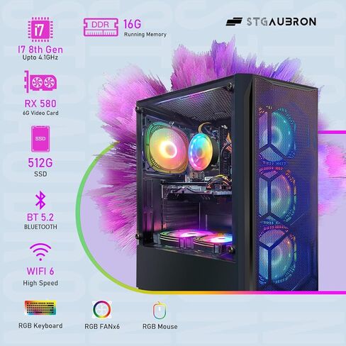 كمبيوتر سطح المكتب للألعاب STGAubron، GeForce RTX 3070 8G، Intel الجيل الحادي عشر Core i7-11700KF حتى 5.0G، 32G DDR4، 2T SSD، 600M WiFi، BT 5.0، مروحة RGB x 9، لوحة مفاتيح وماوس ولوحة ماوس RGB، W11H64 in Kuwait
