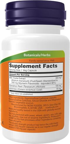 NOW Foods Supplements, Silymarin Milk Thistle Extract 300 mg with Artichoke and Dandelion, Double Strength, Supports Liver Function*, 200 Veg Capsules in Saudi Arabia