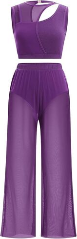 Odasdo Women Gryrical Dance Comple Tops Two Tank Tank Tops with Mesh Wide Leg Pants in Saudi Arabia