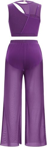 Odasdo Women Gryrical Dance Comple Tops Two Tank Tank Tops with Mesh Wide Leg Pants in Saudi Arabia