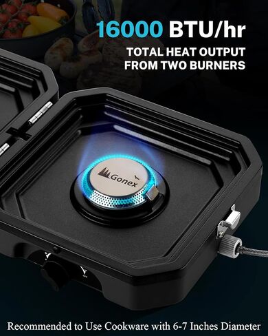 Gonex Camping Stove Propane, 2 Burner Portable Camp Stoves for Camping | 16,000 BTU, Two Piezo Ignition Adjustable Burners, Teflon Coated Griddle, Cast-iron Grates, Patio, Emergency, Hiking Use in Kuwait