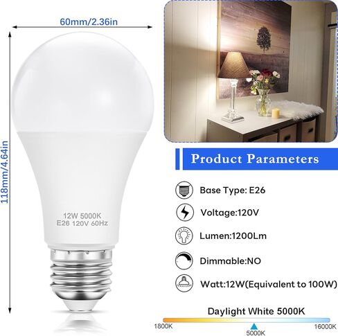 LED Light Bulbs, A19 Daylight 6500K Light Bulb, 12W (100 Watt Equivalent) 1200 Lumens, Non-Dimmable, E26 Standard Medium Base Super Bright Lamp for Bathroom Home Lighting 4 Packs in Saudi Arabia