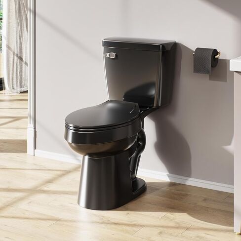 ELLAI Two Piece Elongated Toilets ADA Chair Comfort Height 16.5" Powerful Single Flush 1.28 GPF 12" Rough In with Side Trip Lever, Glossy Black 28.3"x17.2“x31" in Saudi Arabia