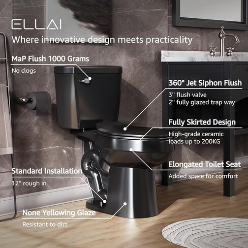 ELLAI Two Piece Elongated Toilets ADA Chair Comfort Height 16.5" Powerful Single Flush 1.28 GPF 12" Rough In with Side Trip Lever, Glossy Black 28.3"x17.2“x31" in Saudi Arabia