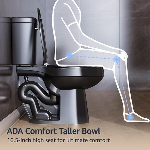 ELLAI Two Piece Elongated Toilets ADA Chair Comfort Height 16.5" Powerful Single Flush 1.28 GPF 12" Rough In with Side Trip Lever, Glossy Black 28.3"x17.2“x31" in Saudi Arabia