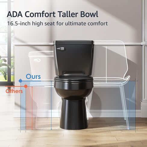 ELLAI Two Piece Elongated Toilets ADA Chair Comfort Height 16.5" Powerful Single Flush 1.28 GPF 12" Rough In with Side Trip Lever, Glossy Black 28.3"x17.2“x31" in Saudi Arabia
