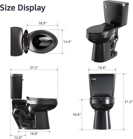 ELLAI Two Piece Elongated Toilets ADA Chair Comfort Height 16.5" Powerful Single Flush 1.28 GPF 12" Rough In with Side Trip Lever, Glossy Black 28.3"x17.2“x31" in Saudi Arabia