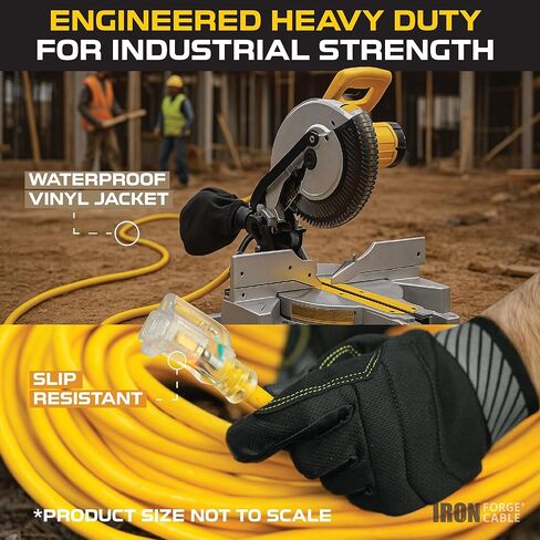 IRON FORGE CABLE 25 ft Lighted Outdoor Extension Cord - 12/3 SJTW Heavy Duty Yellow Extension Cable Extension Cable with 3 Prong Grounded Plug for Safety, 15AMP -Great for Garden and Major Appliances in Kuwait