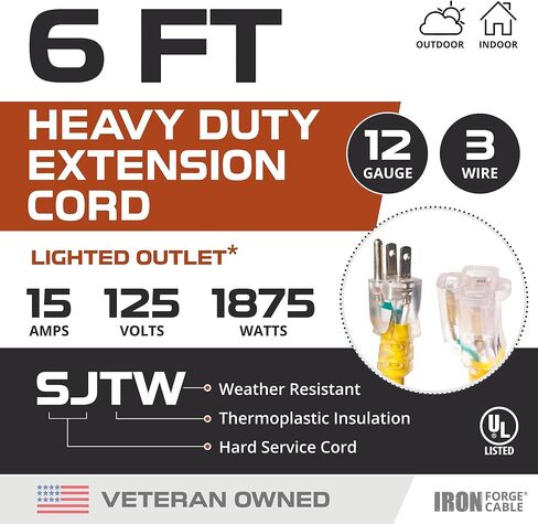 IRON FORGE CABLE 25 ft Lighted Outdoor Extension Cord - 12/3 SJTW Heavy Duty Yellow Extension Cable Extension Cable with 3 Prong Grounded Plug for Safety, 15AMP -Great for Garden and Major Appliances in Kuwait