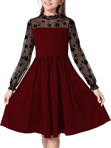 Girl's Dress Elegant Floral Lace Long Sleeve Wedding Party A Line Dress 10-14 Years in Kuwait