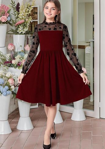 Girl's Dress Elegant Floral Lace Long Sleeve Wedding Party A Line Dress 10-14 Years in Kuwait