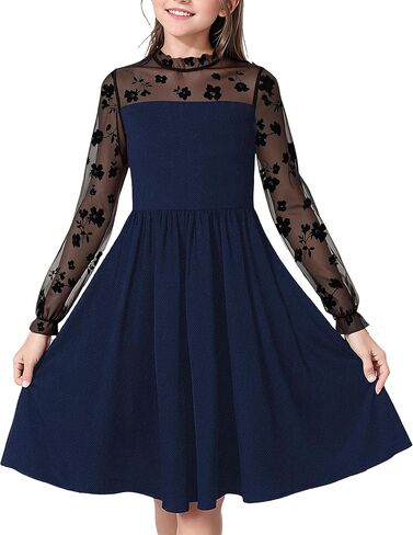 Girl's Dress Elegant Floral Lace Long Sleeve Wedding Party A Line Dress 10-14 Years in Kuwait