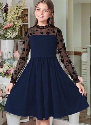 Girl's Dress Elegant Floral Lace Long Sleeve Wedding Party A Line Dress 10-14 Years in Kuwait