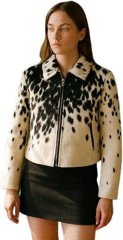 Women's Cow Fur Hair on Casual Leather Jacket - Loose Fit Straight Shirt Zipper Jacket - Black & Brown Shades in Kuwait