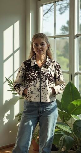 Women's Cow Fur Hair on Casual Leather Jacket - Loose Fit Straight Shirt Zipper Jacket - Black & Brown Shades in Kuwait