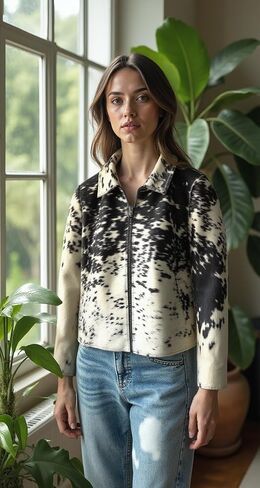 Women's Cow Fur Hair on Casual Leather Jacket - Loose Fit Straight Shirt Zipper Jacket - Black & Brown Shades in Kuwait