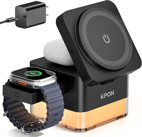 Kpon for iPhone Nightstand Charging Station ، 15W 3 in 1 Starger Starge مع مصباح ليلي ، طي قابلة للطي Magsafe Dock لـ iPhone 16 15 14 13 12 12 سلسلة/Apple Watch/Airpods/Samsung Phone in Kuwait