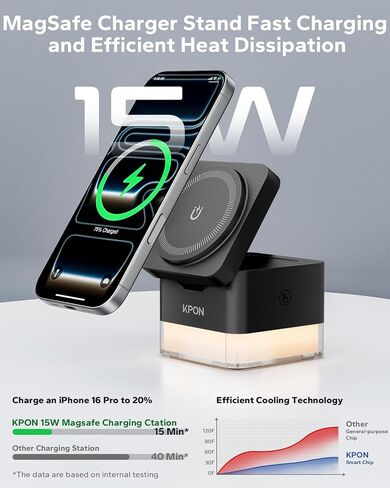 Kpon for iPhone Nightstand Charging Station ، 15W 3 in 1 Starger Starge مع مصباح ليلي ، طي قابلة للطي Magsafe Dock لـ iPhone 16 15 14 13 12 12 سلسلة/Apple Watch/Airpods/Samsung Phone in Kuwait