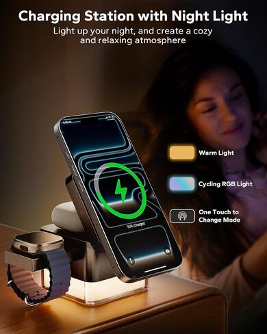 Kpon for iPhone Nightstand Charging Station ، 15W 3 in 1 Starger Starge مع مصباح ليلي ، طي قابلة للطي Magsafe Dock لـ iPhone 16 15 14 13 12 12 سلسلة/Apple Watch/Airpods/Samsung Phone in Kuwait