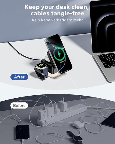 Kpon for iPhone Nightstand Charging Station ، 15W 3 in 1 Starger Starge مع مصباح ليلي ، طي قابلة للطي Magsafe Dock لـ iPhone 16 15 14 13 12 12 سلسلة/Apple Watch/Airpods/Samsung Phone in Kuwait