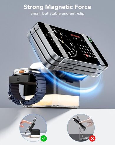 Kpon for iPhone Nightstand Charging Station ، 15W 3 in 1 Starger Starge مع مصباح ليلي ، طي قابلة للطي Magsafe Dock لـ iPhone 16 15 14 13 12 12 سلسلة/Apple Watch/Airpods/Samsung Phone in Kuwait